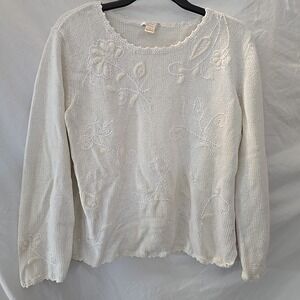 Christopher‎ & Banks Knit Sweater Ivory Embroidered Flowers Sequins Size L Boho